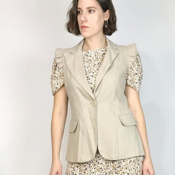Khaki LINEN Button up Vest with FRILL Shoulders! Small to Medium - Picture 3 of 6
